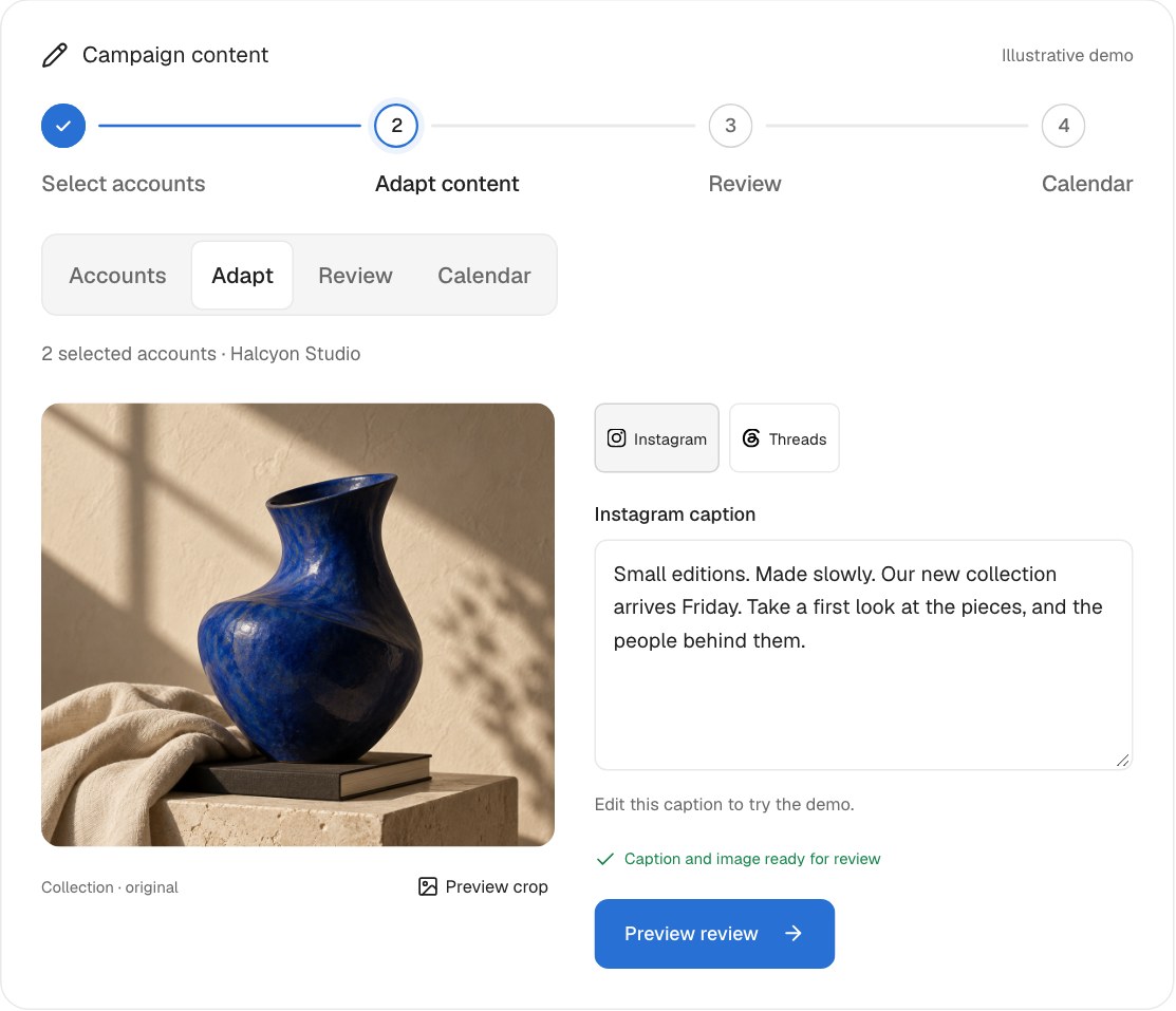 Halcyon content mockup with a ceramic product image, platform-specific caption editor and campaign steps
